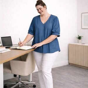 Draper James Chambray Denim Top  XXL Puff Sleeve V-Neck Business Casual